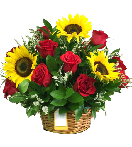 floral arrangement of roses and sunflowers